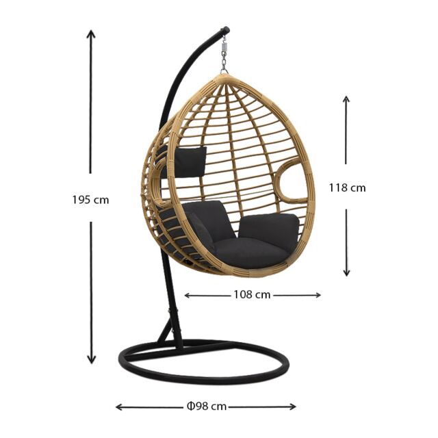 Κρεμαστή κούνια - φωλιά Veronica με wicker φυσικό & μαύρα μαξιλάρια 108x75x195εκ.