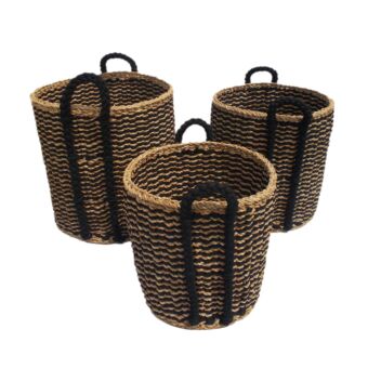 DURUK ΚΑΛΑΘΙ ΜΕ ΛΑΒΕΣ SET 3ΤΜΧ SEAGRASS HOGLA ROPE ΦΥΣΙΚΟ ΜΑΥΡΟ D45-40-35xH45-40-35cm